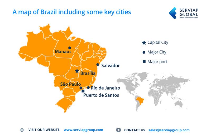 Eine Infografik von Serviap Global mit einer Karte von Brasilien als Begleitmaterial zu einem Artikel über die Einstellung von Mitarbeitern über einen Arbeitgeber in Brasilien