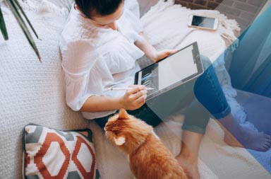 Eine Frau, die neben einer Katze einen Computer benutzt, um einen Artikel über verteiltes Workforce Management zu illustrieren.