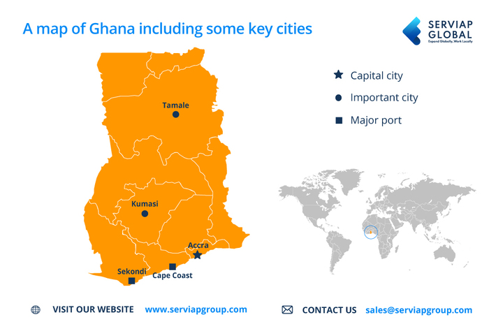 Um mapa Serviap Global do Gana para ilustrar o artigo do empregador registado no Gana