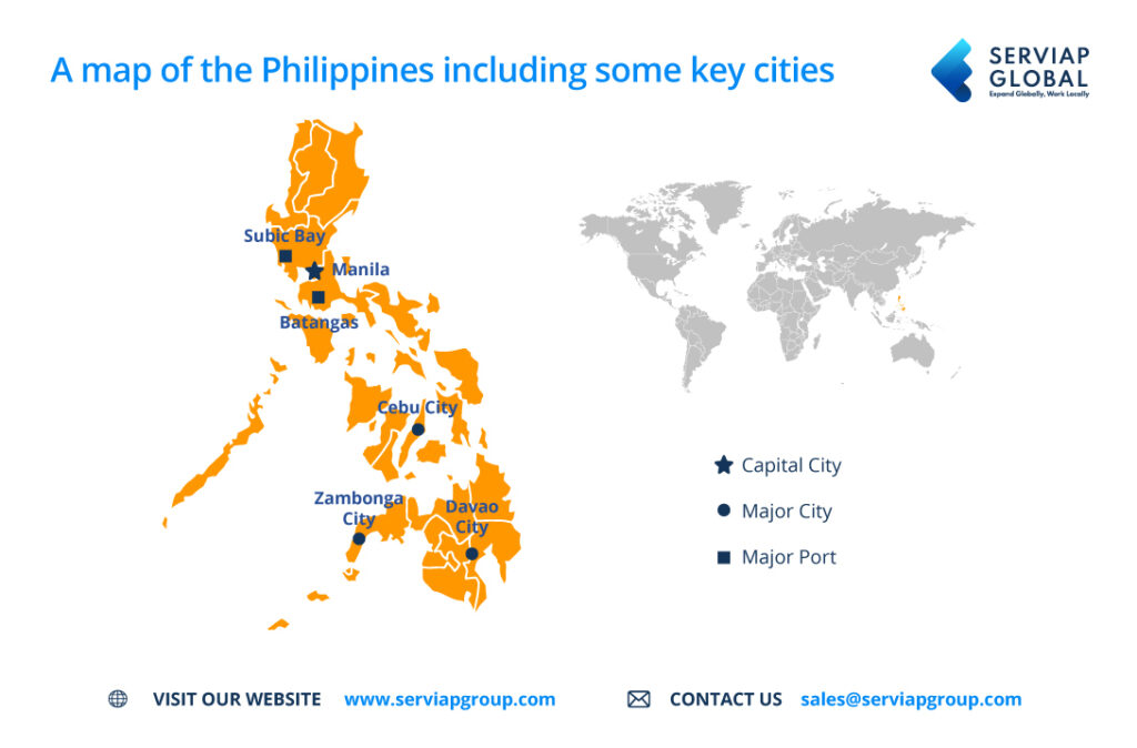 Mapa global das Filipinas da Serviap para mostrar os melhores locais para contratar à distância nas Filipinas